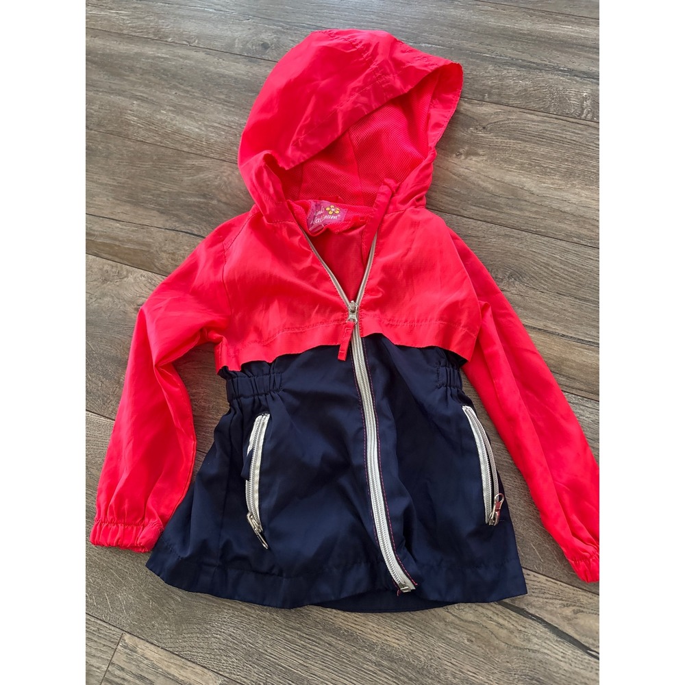 Pink Platinum Girls 3T Red Navy Blue Colorblock Hooded Windbreaker Jacket Zip Up